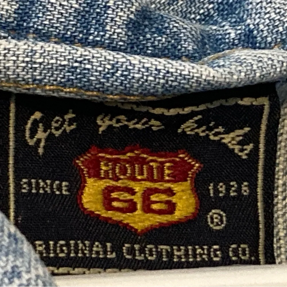 Girls Route 66 Light Blue Jean Jacket with Red Floral Embroidery (size 10/12)